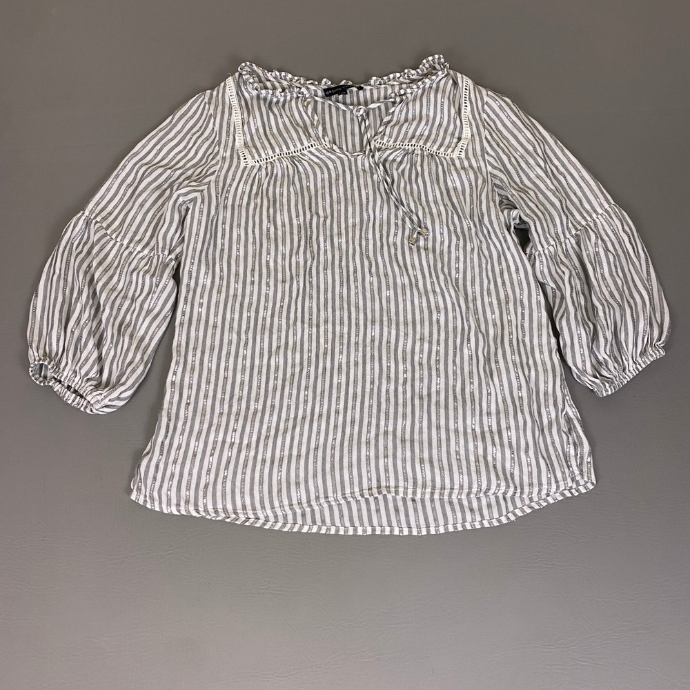Adrienne Vittadini Blouse Women's Large Silver Striped Lurex Balloon Sleeve